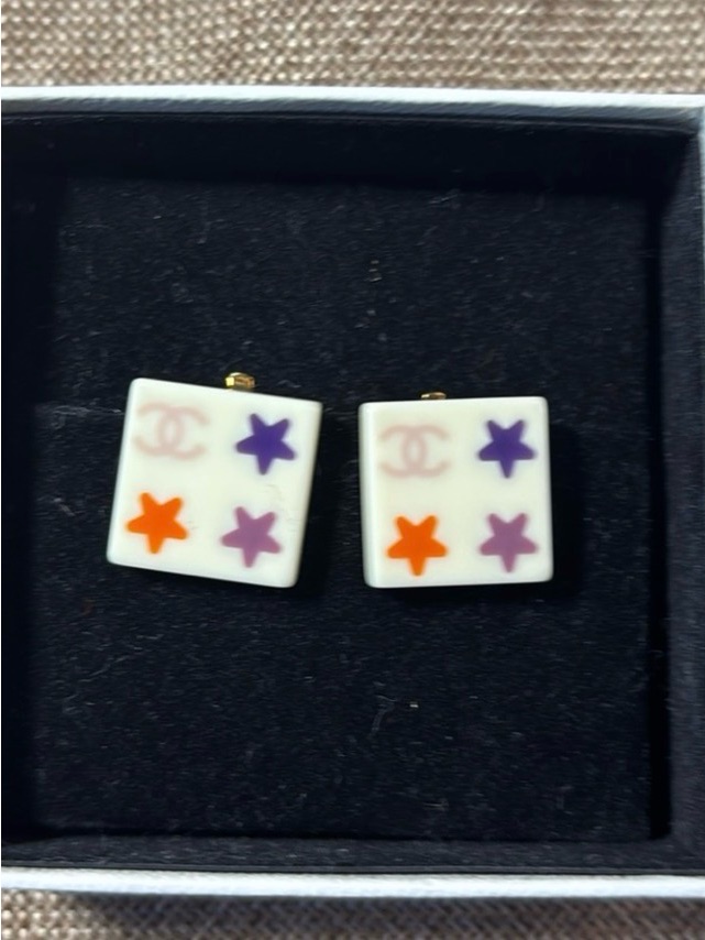 Chanel White Square Star Motif Clip-On Earrings With Purple And Orange Stars